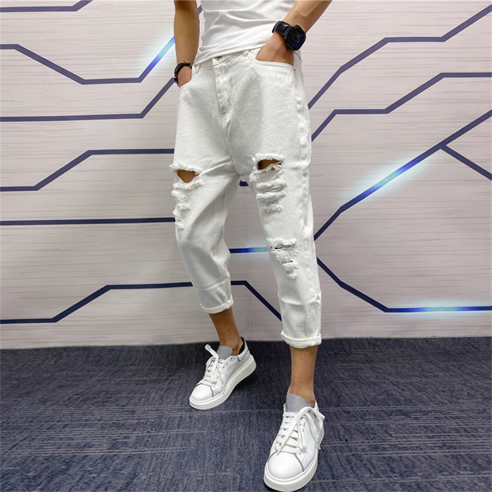 Mens Jeans Japanese Trend Ripped Hole White Green Black Ankle Length Youth Fashion Loose Denim Harem Cargo Pants 230725