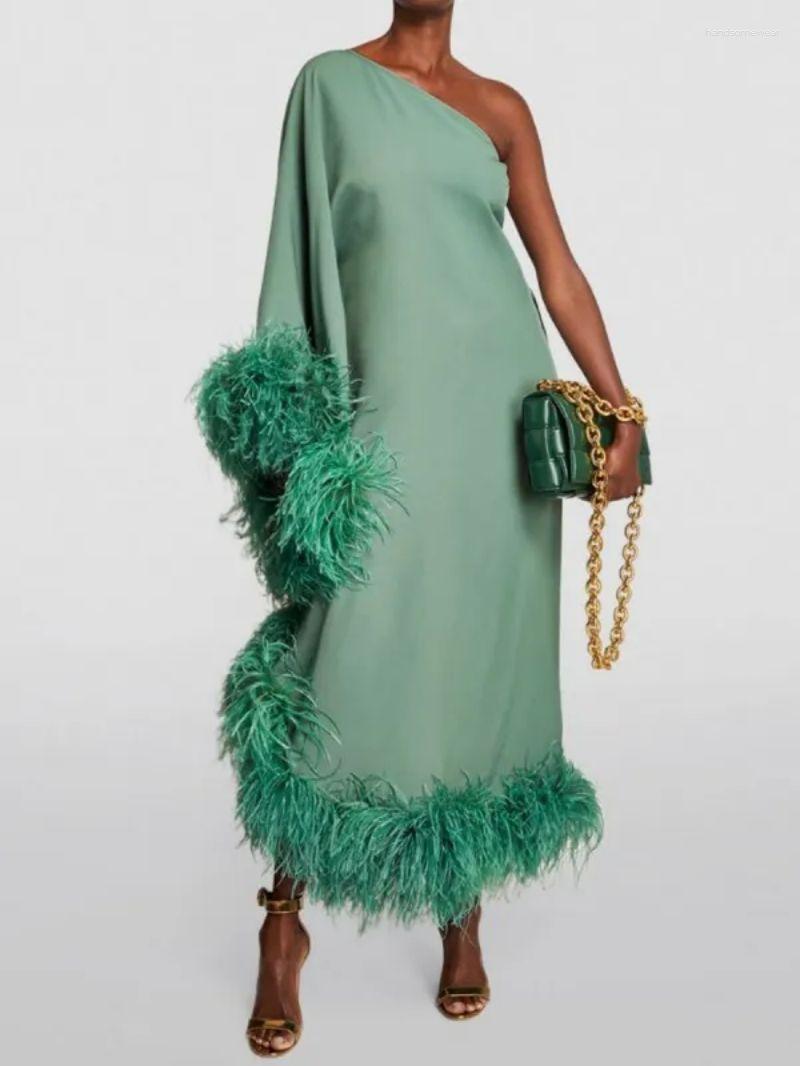 dress feather loose evening dress women oneshoulder long sleeve large swing evening dress solid color fashion dinner dress designer dress