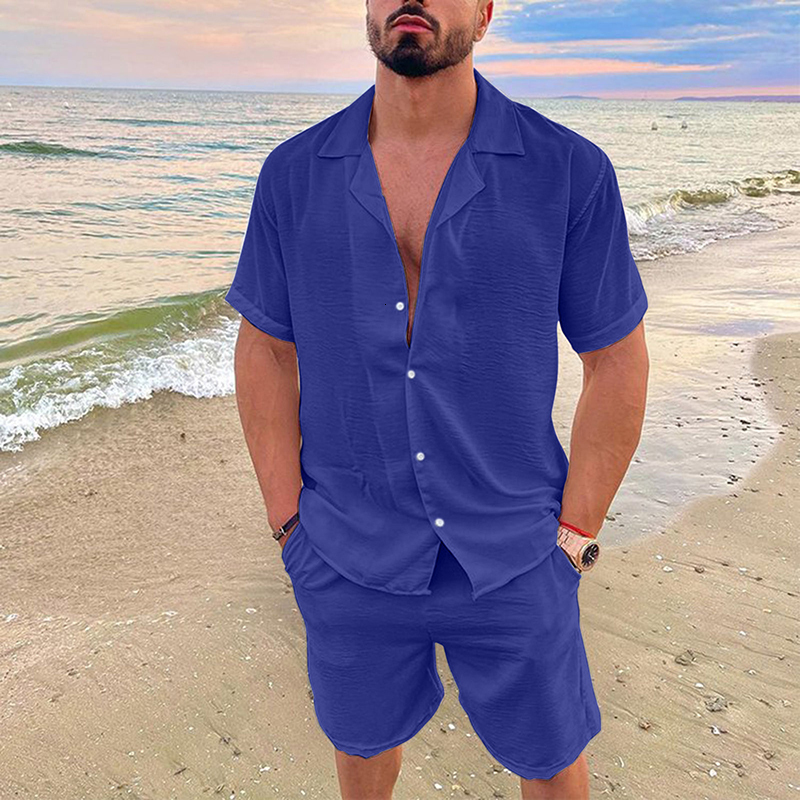 Mens Tracksuits Summer Casual Loose Two Piece Sets Beach Solid Cotton Linen Man Suit Short Sleeve Button Shirt and Shorts Office Outfits 230724