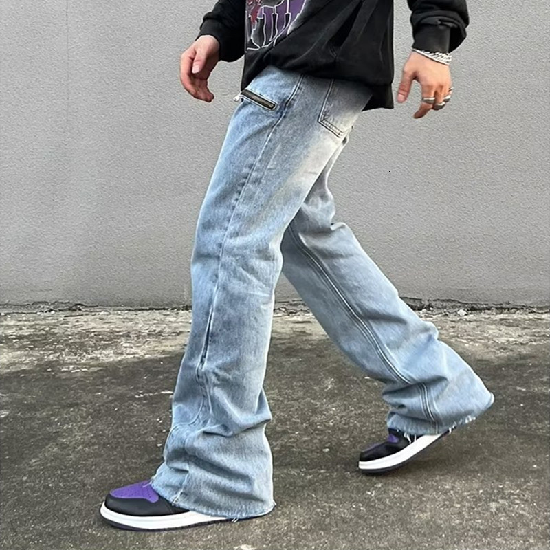 Mens Jeans Y2K Fashion Zipper Retro Washed Baggy Flare Jeans Pants Men Streetwear Hip Hop Wide Leg Straight Denim Trousers Ropa Hombre 230724