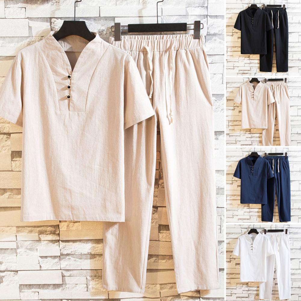 Mens Tracksuits Summer Men Tracksuit Chinese Style Solid Color V Neck Short Sleeve Top Ninth Pants Set Sportswear Fashion Male Suit Two Piece 230724