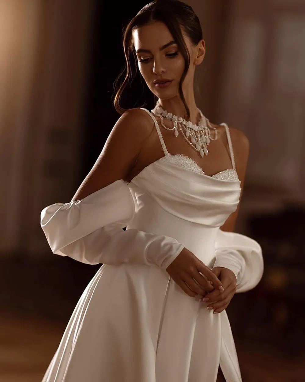 Beach Doymeny Elegant Boho Wedding Dresses Sweetheart Beaded Sequins Pleat Bride Bridal Gowns Split Satin Vestido 0219