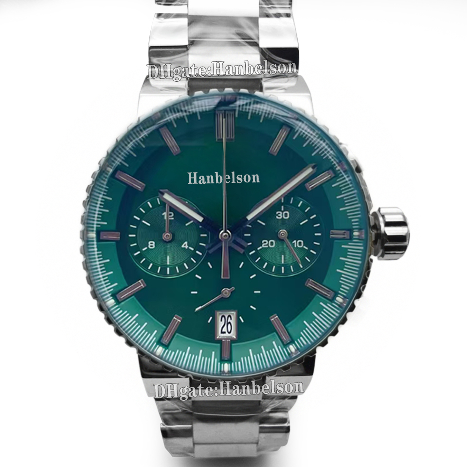Men Watches Green Face Japan vk Quartz Movement Multifunction Chronograph 43mm Metal Watch band Wristwatch