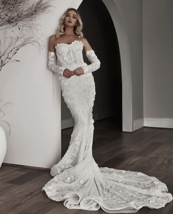 3D Floral Lace Mermaid wedding Dresses with Sparkly Beaded Sequins Sweetheart Remove Long Sleeve Fishtail Bridal Gowns