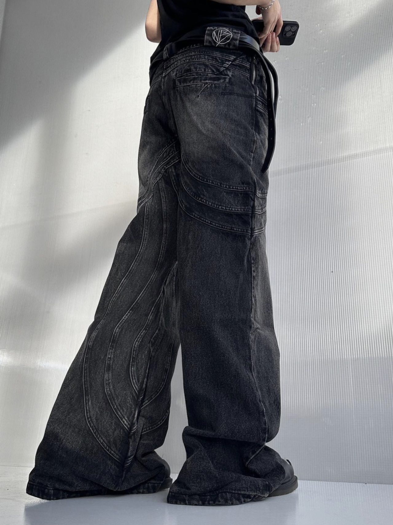 Original No/fair 23S Duty Wave Rippled Black Grey Micro Horn Denim Loose Pants Jeans Denim Pants Fashion Loose Men Streetwear Causal Jeans