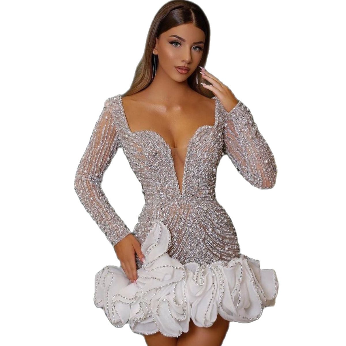 V Neck Sexy Short Prom Elegant Full Sleeve Beading Lace Evening Dresses Tiered Ruffle Mini Party Gowns