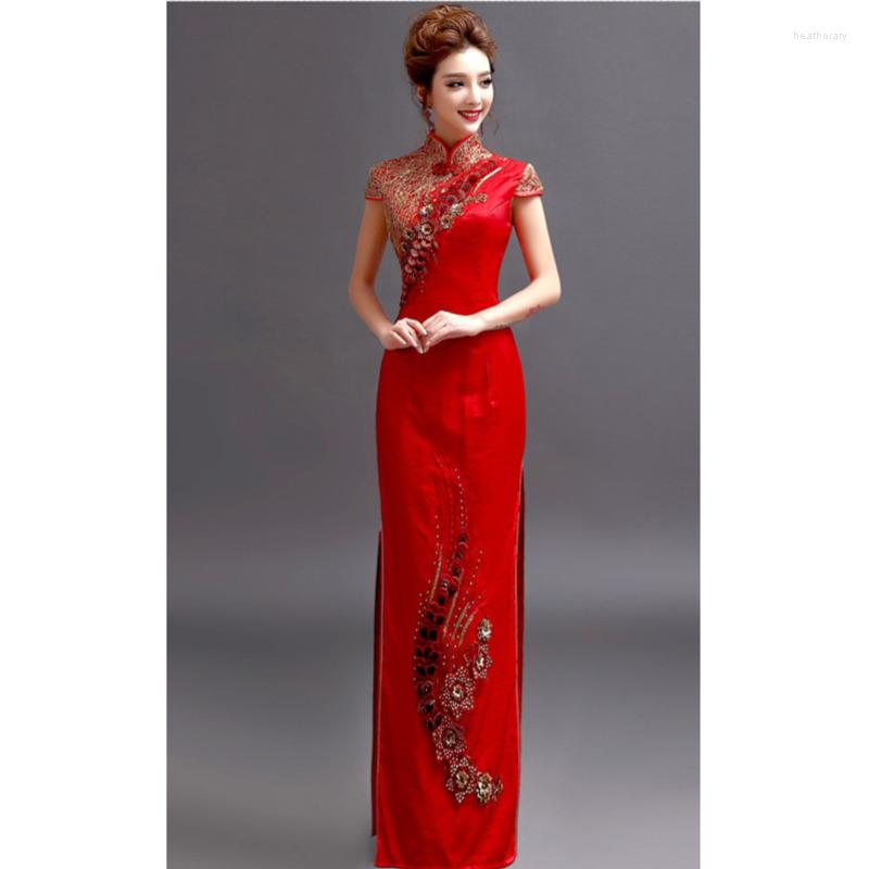 Ethnic Clothing Chinese Traditional Cheongsam Embroidery Modern Elegant Qipao Oriental Embroidered Long Red Wedding Dress Evening Party Gown