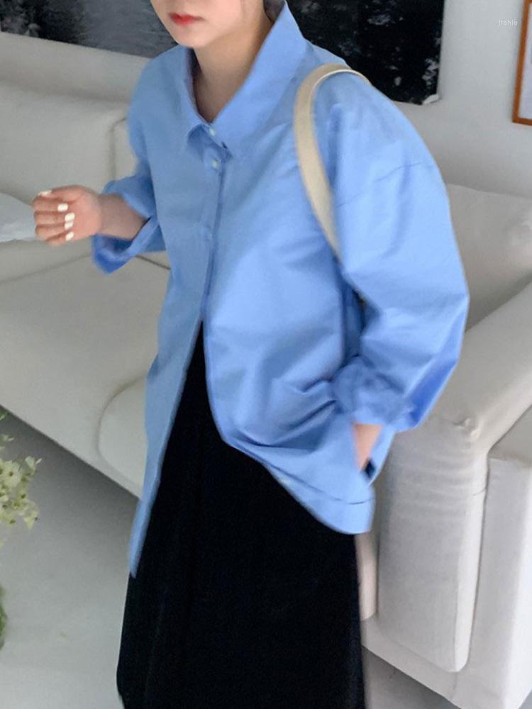 Womens T Shirts Women Simple Lapel Oversize Shirt Single Breasted Blouse Top 2023 Spring Autumn Fashion Solid Color Ladies Blusas M948