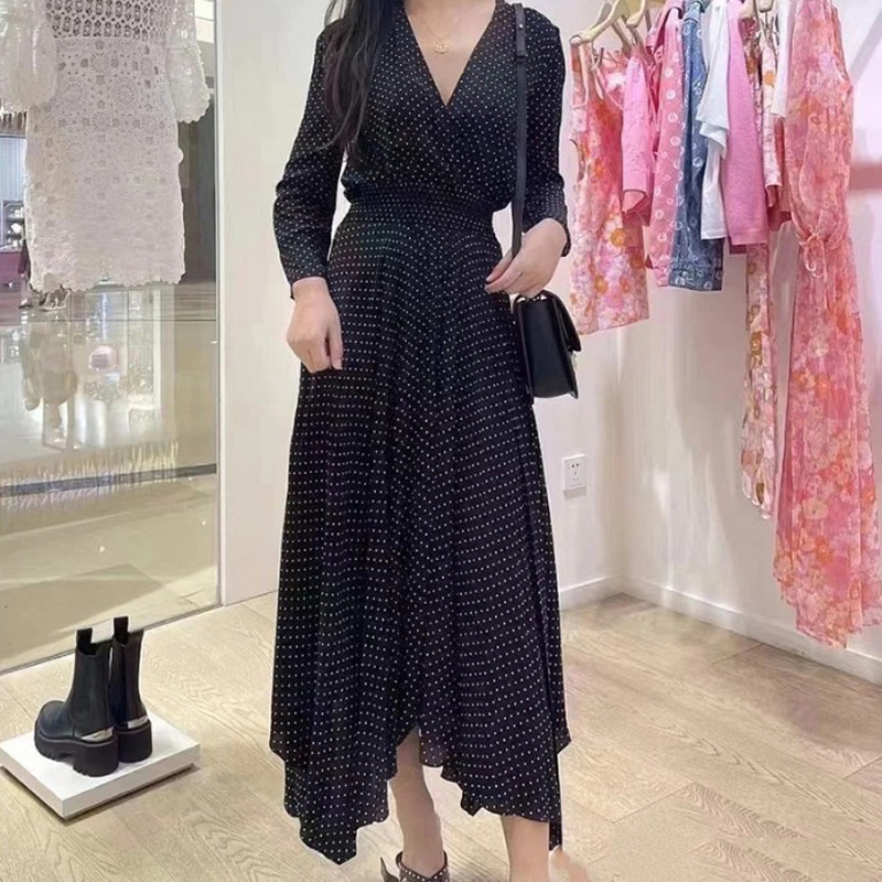 New M-aje V-neck Polka Dot A-line Dress Fit Long Sleeve Long Dress for Women