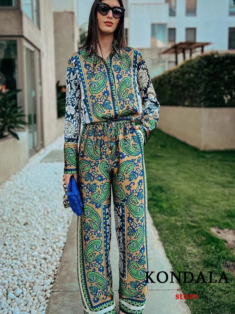Womens Two Piece Pants KONDALA Vintage Green Floral Women Suits Long Sleeve Single Button Loose Shirts and High Wasit Wide Leg Boho Sets 230724