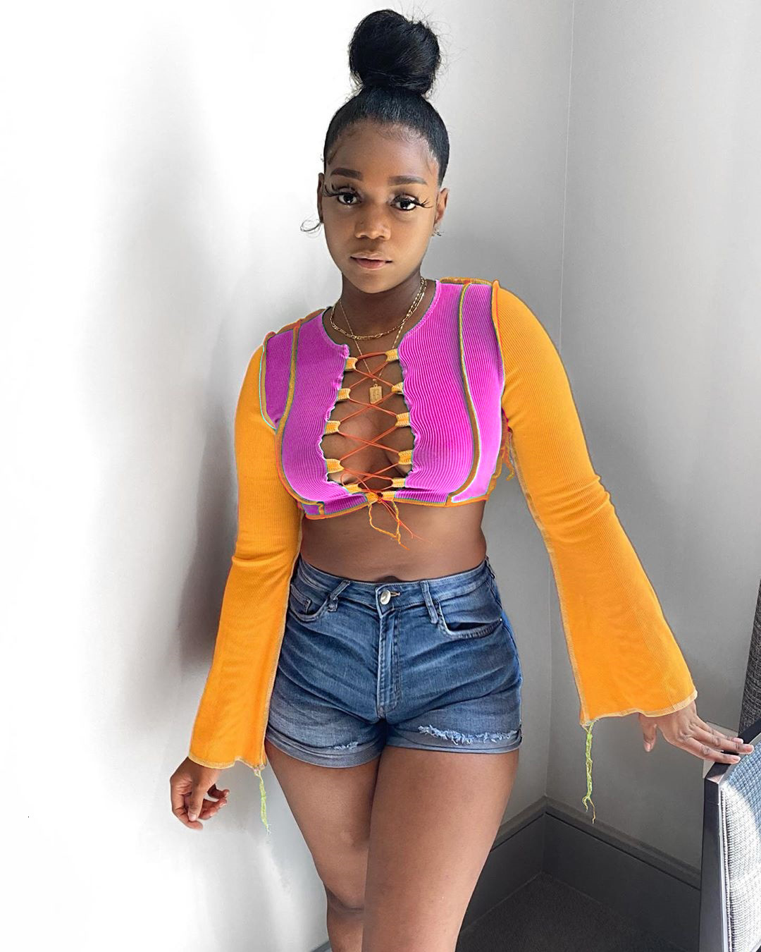Simenual Patchwork Lace Up Color Match Crop Top Women Slit Flare Long Sleeve Hot T Shirts Fashion Club Party Sexy Bodycon Tees T200812