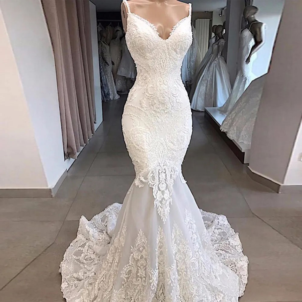Wedding Dresses White Bridal Gowns Plus Size New Ivory Formal Mermaid Trumpet Tulle Applique Custom Beaded Button Sweetheart Spaghetti Sleeveless Zipp