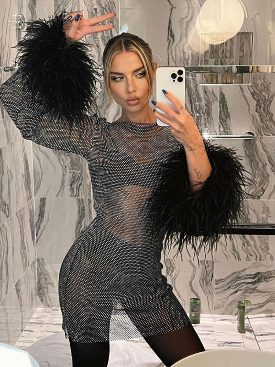 Basic Casual Dresses Sexy Mesh Feather Dress Ladies Fashion Seethrough Solid Color Long Sleeve Short Tops 230724