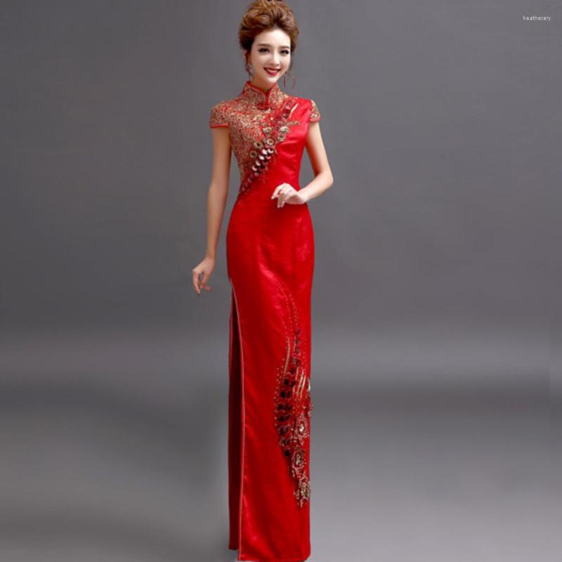 Ethnic Clothing Chinese Traditional Cheongsam Embroidery Modern Elegant Qipao Oriental Embroidered Long Red Wedding Dress Evening Party Gown