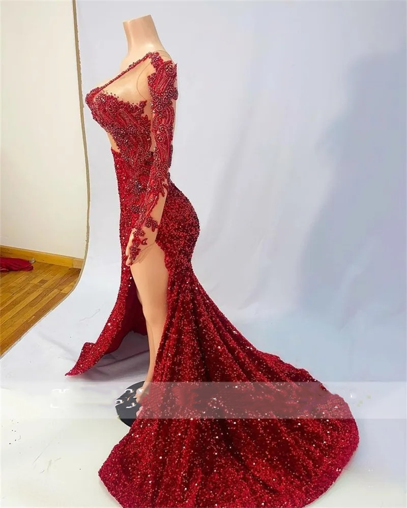Sexy Red Prom Party Dresses One Shoulder Backless Plus Size Sparkly Sequins Split Evening Ocn Gowns Robe