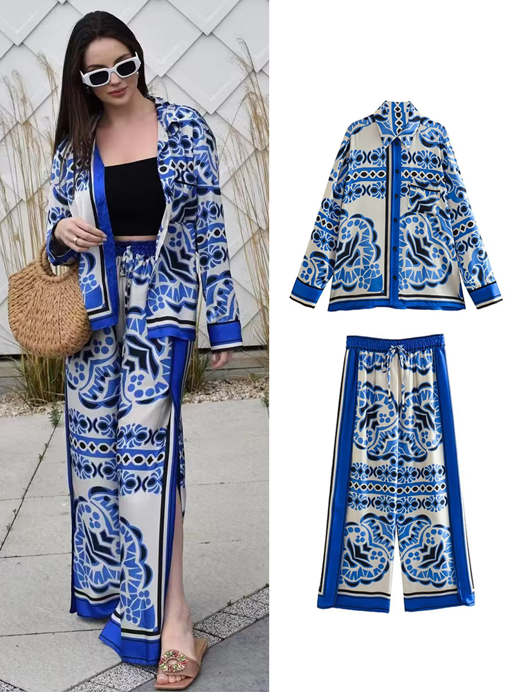 Womens Two Piece Pants Woman Shirts Sets Summer Geometric Print Loose Long sleeved Fashion Elastic Waist Wide Leg Outfits 230724