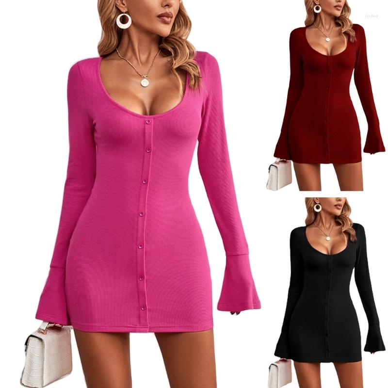 Casual Dresses Elegant Womens Knitted Long-Sleeved Dress With U-Neckline And Solid Color Perfect For Spring Summer 2023