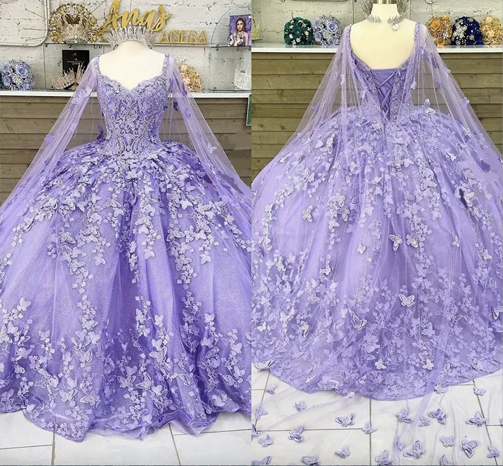 2023 Light Purple Butterflies Lace Quinceanera Dresses With Cap Beading Sweetheart Tulle Long Train Pagenat Prom Sweet 16 Dress Ball Gowns Puffy