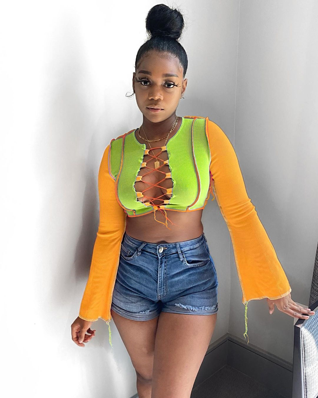 Simenual Patchwork Lace Up Color Match Crop Top Women Slit Flare Long Sleeve Hot T Shirts Fashion Club Party Sexy Bodycon Tees T200812