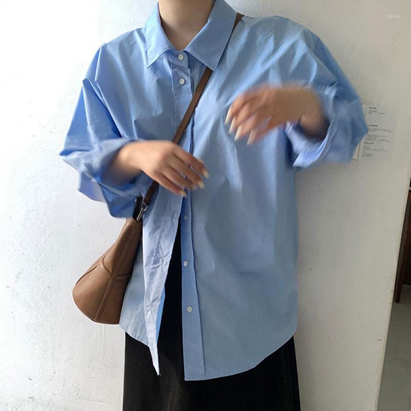 Womens T Shirts Women Simple Lapel Oversize Shirt Single Breasted Blouse Top 2023 Spring Autumn Fashion Solid Color Ladies Blusas M948