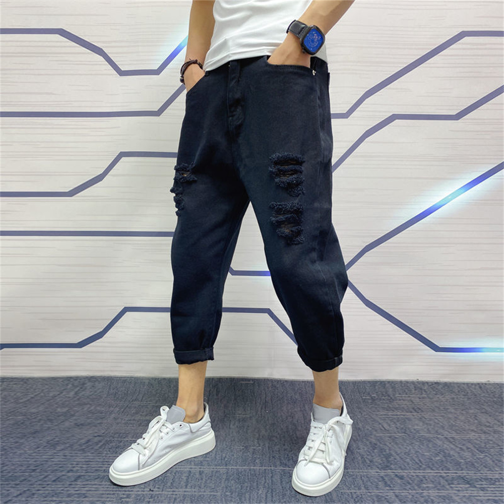 Mens Jeans Japanese Trend Ripped Hole White Green Black Ankle Length Youth Fashion Loose Denim Harem Cargo Pants 230725