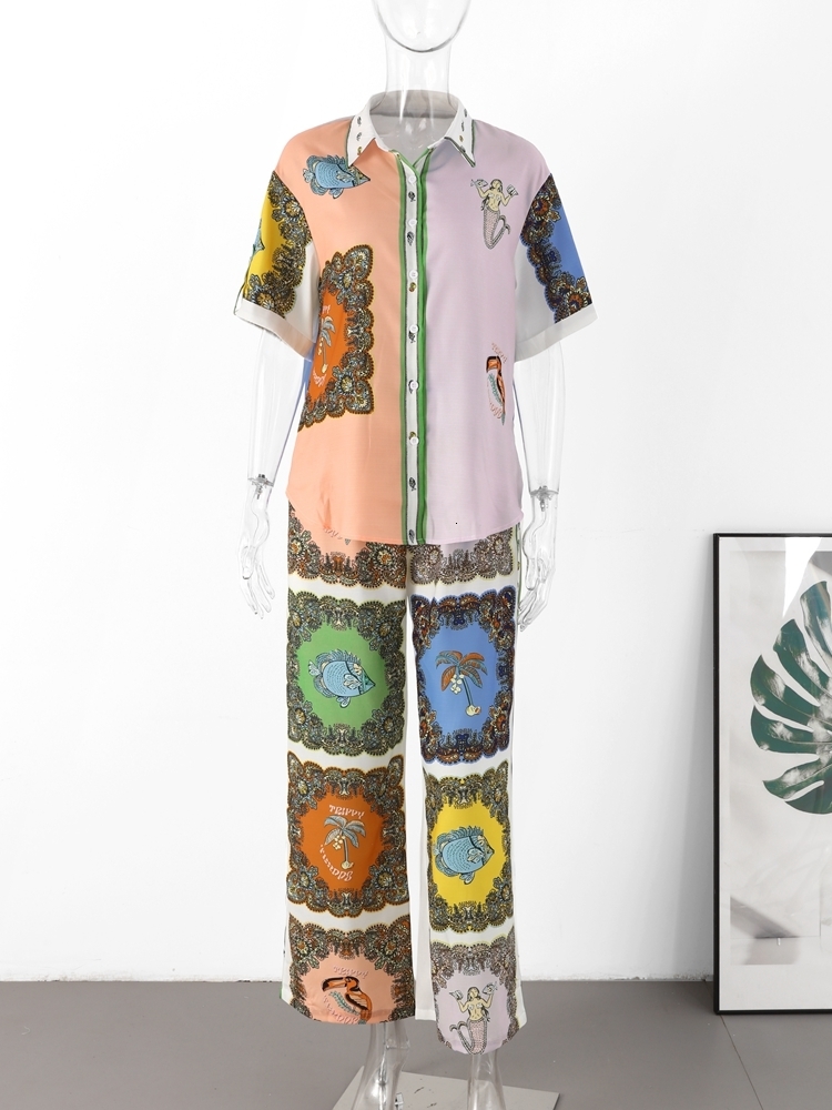 Womens Two Piece Pants Casual Print Shirt Set Women Loose Short Sleeve Single Breasted Female Suit Summer High Waist Wide Leg Sets 230724