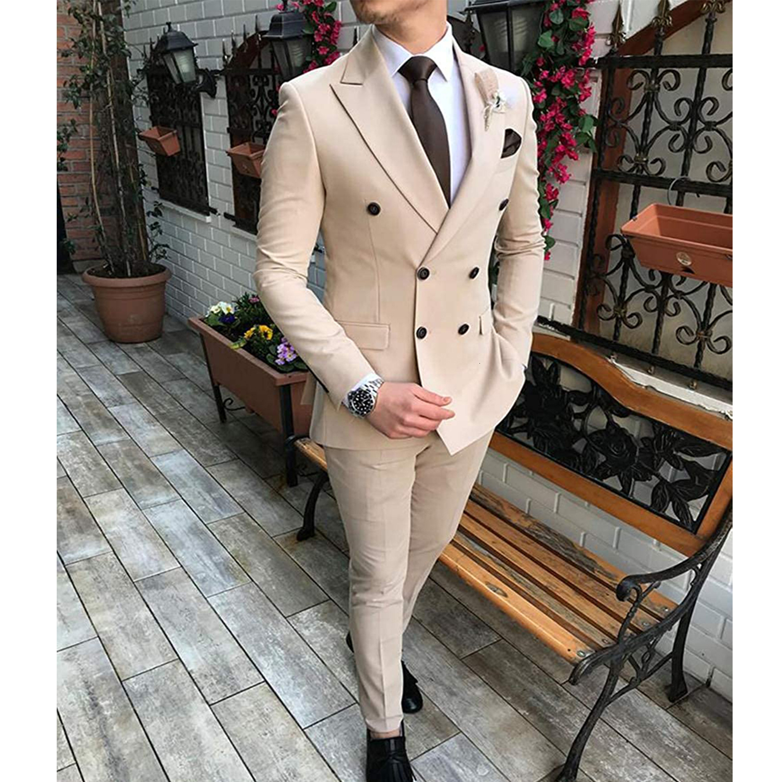 Men's Suits Blazers Beige Men's Suit 2 Pieces Double-Breasted Notch Lapel Flat Slim Fit Casual Tuxedos For WeddingBlazerPants 230724