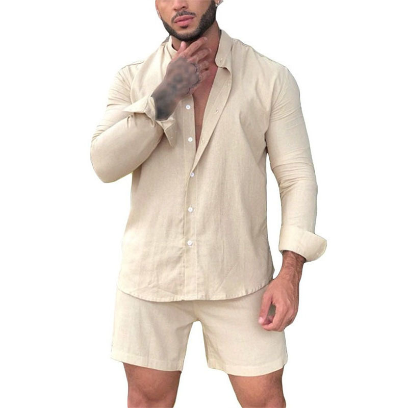 Men s Tracksuits Men Shorts Set 2023 Spring Simple Long Sleeves and Southeast Asia Loose Cotton Linen Solid Two piece 230724