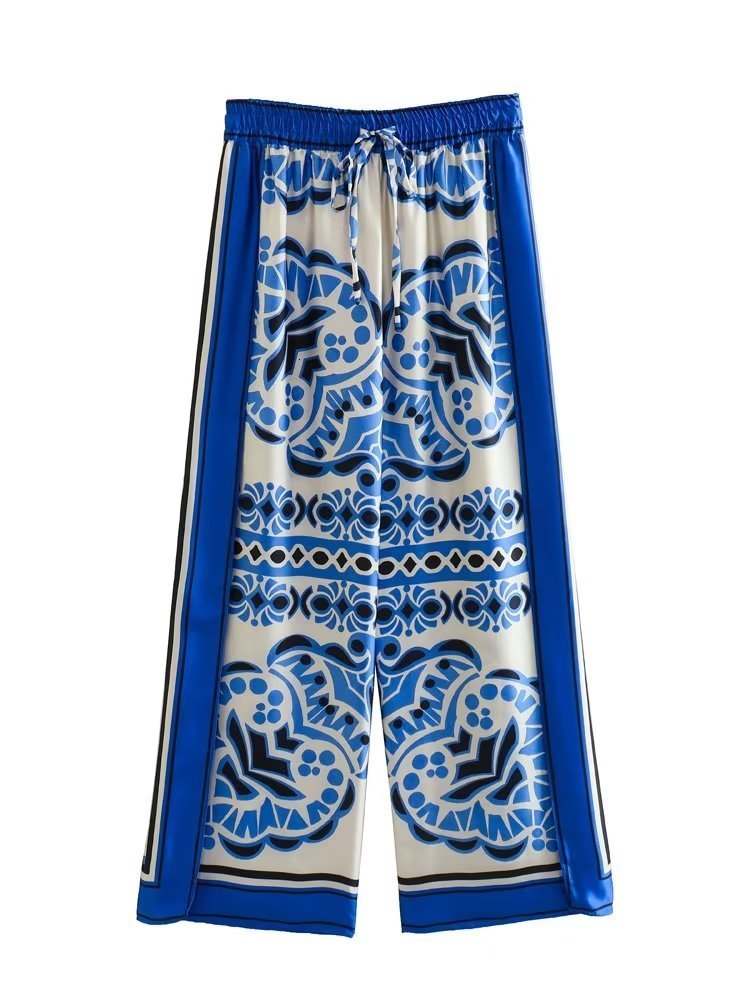 Womens Two Piece Pants Woman Shirts Sets Summer Geometric Print Loose Long sleeved Fashion Elastic Waist Wide Leg Outfits 230724