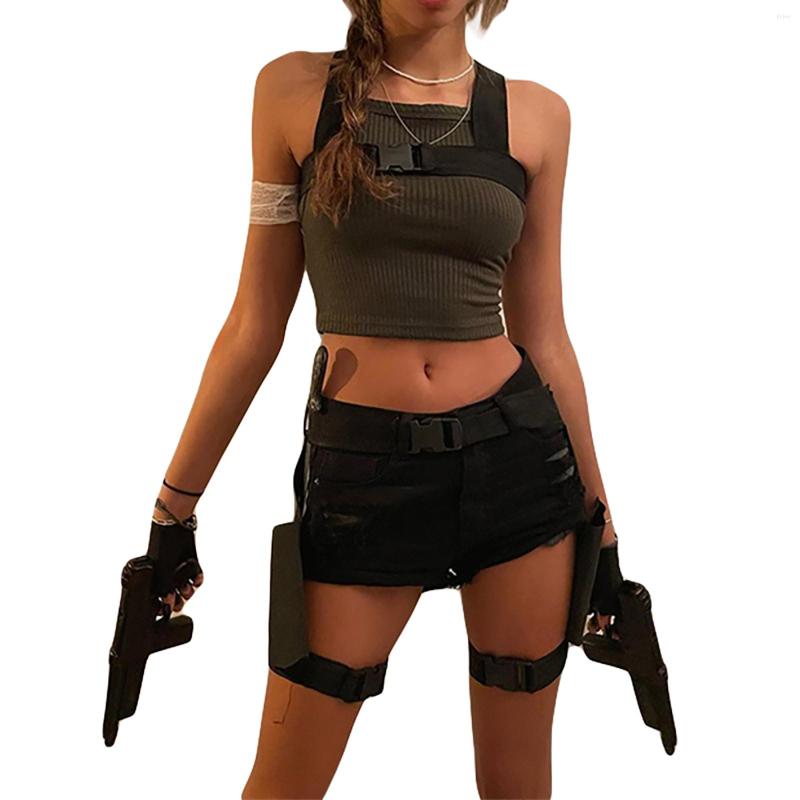 Womens Tanks Punk Tank Tops Sleeveless Spaghetti Strap Solid Color Camisole With Harness Belt