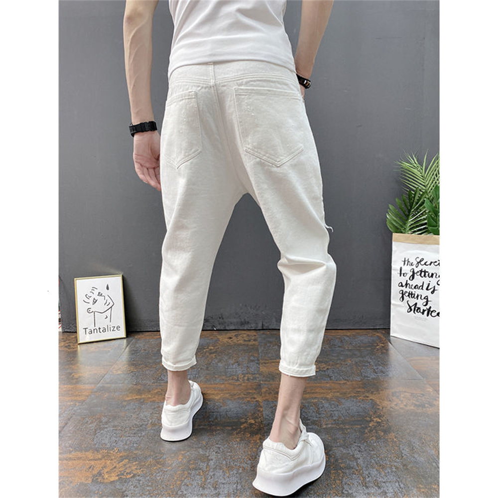 Mens Jeans Japanese Trend Ripped Hole White Green Black Ankle Length Youth Fashion Loose Denim Harem Cargo Pants 230725