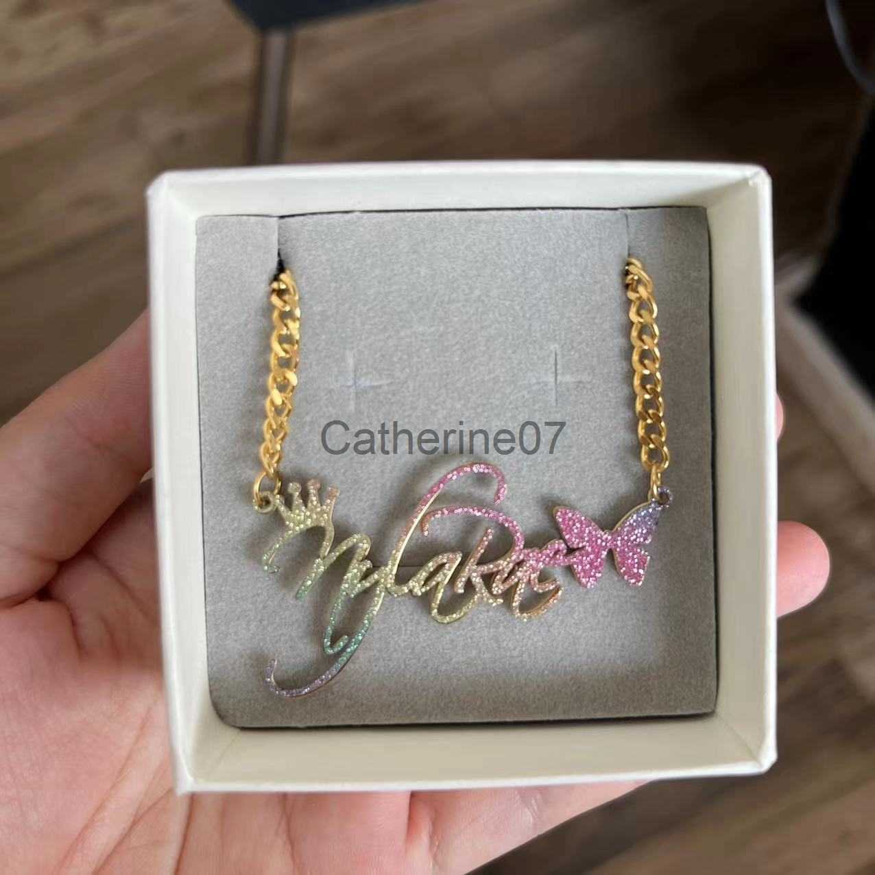 Pendant Necklaces Custom Stainless Steel Name Necklace For Women Color Name Cuban Chain Personalized Necklace Butterfly Heart Chain Choker Jewelry J23