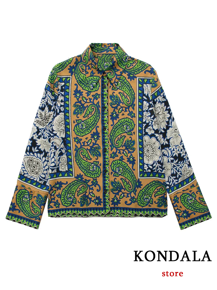 Womens Two Piece Pants KONDALA Vintage Green Floral Women Suits Long Sleeve Single Button Loose Shirts and High Wasit Wide Leg Boho Sets 230724