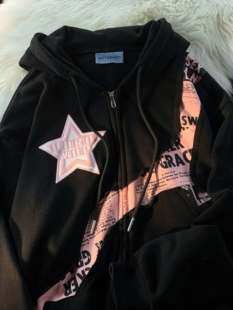 Womens Hoodies Sweatshirts Deeptown Y2K Vintage Zip Up Women Harajuku Hip Hop Letter Print Gothic Streetwear Loose Patchwork Tops Coats 230725