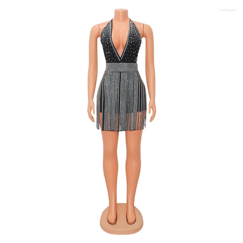 Casual Dresses Women Diamonds Rhinestones Spaghetti Strap V Neck Dress Sexy Party Club Bodycon Mini Tassel Clubwear