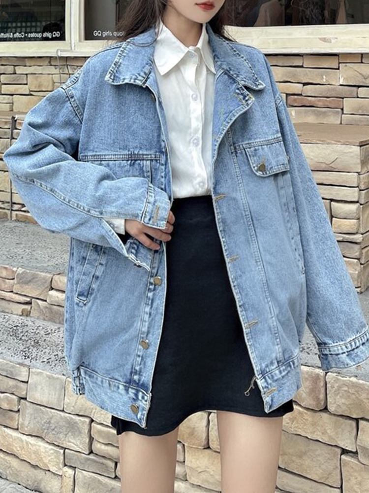 Womens Jackets Streetwear Femlae Vintage Loose Blue Denim Jacket Spring Autumn Women Single Breasted Lapel Retro Jeans Coat Outwear 230726