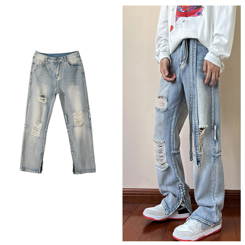 Men's Jeans Ripped Holes Men Ribbon Baggy Fashion Denim Wide Leg Trousers Casual Retro Blue Hip Hop Korean Pants 230725