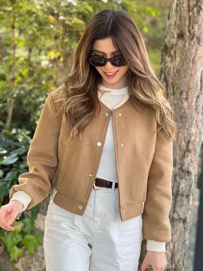 Womens Jacket Short Bomber Women Traf Zaba Long Sleeve Khaki Color Ladies Button Closure Cropped Jacket AAA Discount for in-store purchases
