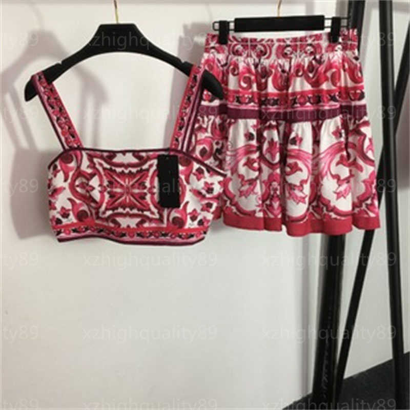 Designer Womens Vest Skirts Two Piece Set Vintage Floral Print Camisole Tank Invisible Zipper Midriff Short Skirt Fashion Half Dress Women Clothes