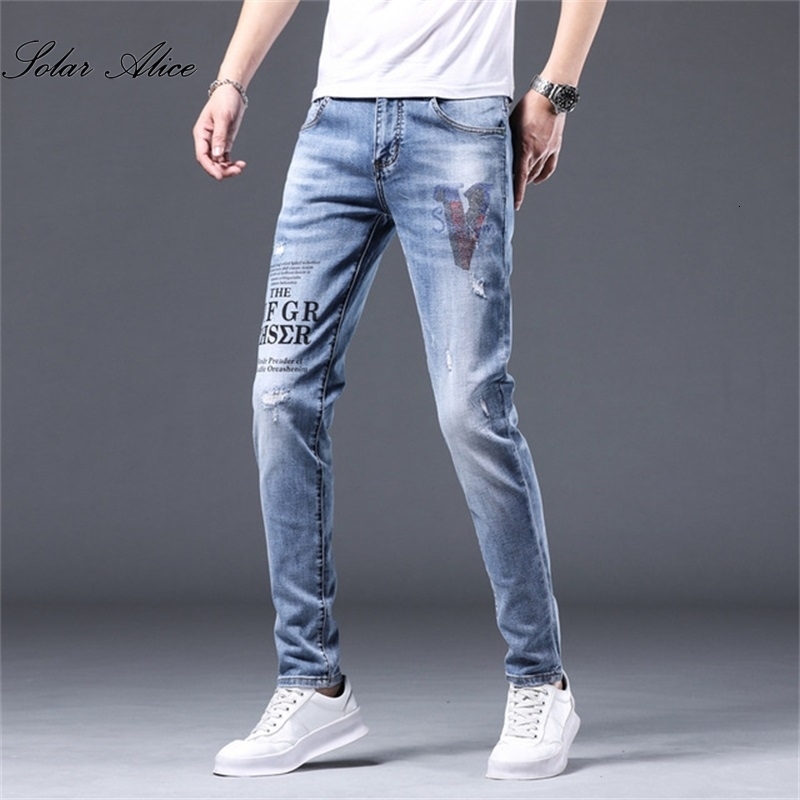 Men's Jeans Classic Letter Print Slim MidWaist StraightLeg Fashion AllMatch Casual Pants 230725
