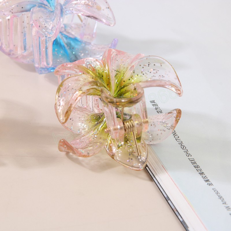 Korean Style 4cm Flower Hair Claw 2023 Fashion Transparent Glitter Powder Sweet Ponytail Holder Hair Clip Hair Accessories for Women