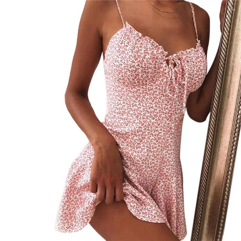 Casual Dresses Vintage Floral Dress Sling Sleeveless Summer Bandage Lace Up Mini Bustier Cocktail Party Sundress Vestidos