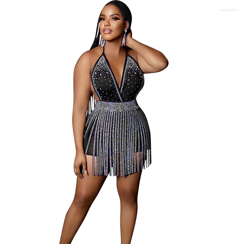 Casual Dresses Women Diamonds Rhinestones Spaghetti Strap V Neck Dress Sexy Party Club Bodycon Mini Tassel Clubwear