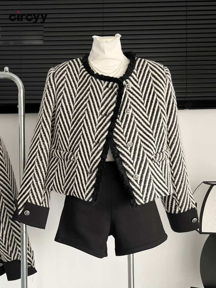 Womens Jackets Circyy Striped for Women Cropped Coat Autumn Long Sleeve ONeck Single Breasted Vintage Fashion Elegant Coats 230726