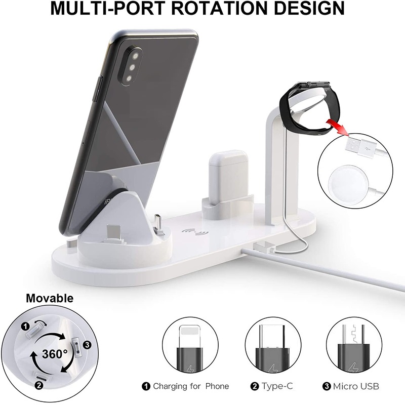 2023 Newly Holder Phone Popular Multifunctional 6 in1 Wireless Charger Fast Charging Dock Stand Desktop Charging Station