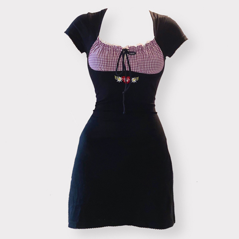 Basic Casual Dresses 90s Vintage Kawaii Bow Embroidery Mini Dress Patchwork Square Collar Short Sleeve Dress Y2K Aesthetic Fairy Clothes dresses 23072