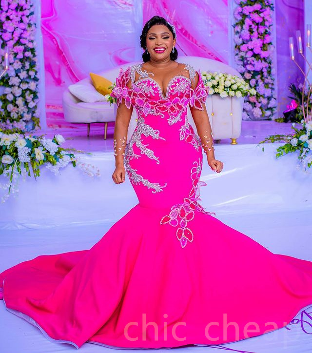 2023 Aso Ebi Fuchsia Mermaid Prom Dress Crystals Lace Evening Formal Party Second Reception Birthday Engagement Gowns Dresses Robe De Soiree ZJ772