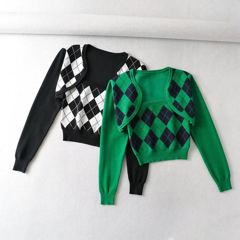 Women's Knits Tee 2 in 1 Argyle Strappy Knit Tank Super Crop Cardigan 230725