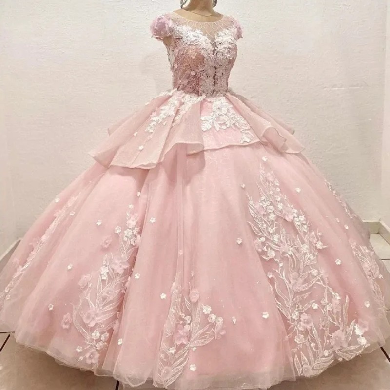 Pink Sweet Party wer Quinceanera Dresses Lace Crystal Beading 3Dwer Back Pearls Neck Vestidos De 15 Anos