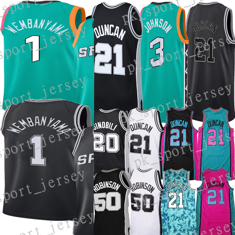#1 Victor Wembanyama Basketball Jersey #3 Keldon Johnson Jeremy 10 Sochan Manu 20 Ginobili Tony 9 Parker David 50 Robinson white black grey Vintage Jerseys